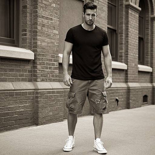 Black-and-white photo of a muscular man with short dark hair, beard, wearing a black t-shirt, cargo shorts, and white sneakers, standing on