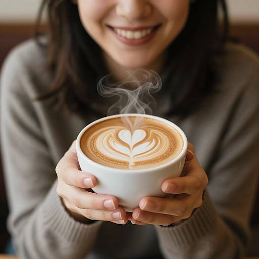 Smiling Woman with Heart Latte Art