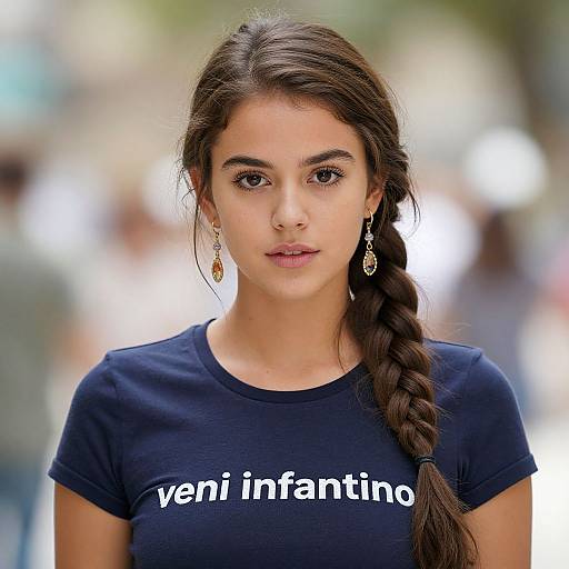 Photograph of a young woman with long dark hair in a braid, wearing a black shirt with 