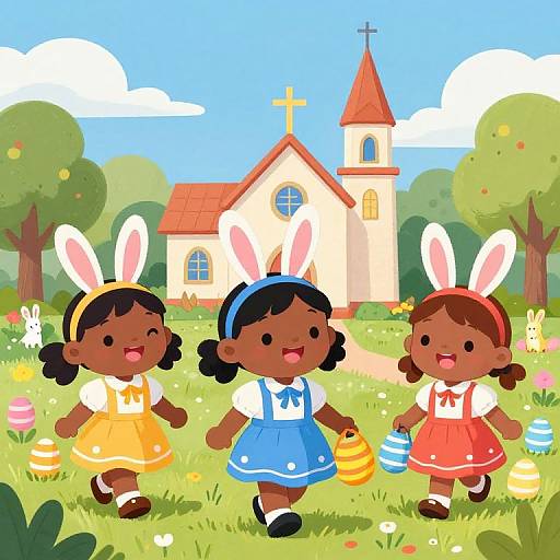 Three dark-skinned girls with bunny ears, colorful dresses, and Easter eggs walk towards a church in a bright, cartoon-style illustration.
