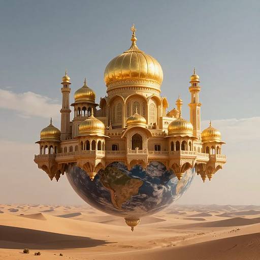 Photorealistic CGI of a golden, dome-topped palace floating on a blue Earth sphere over a desert with sand dunes.