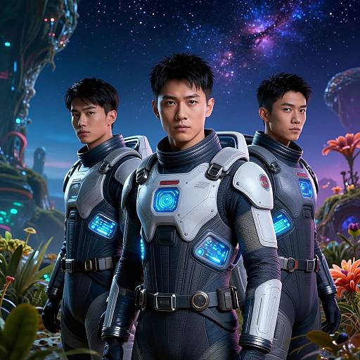 Three Asian men in futuristic black and white space suits with blue glowing panels, standing in a vibrant, starry sci-fi landscape.