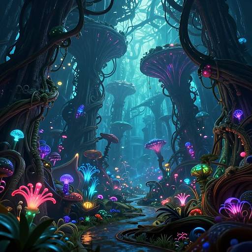 Vibrant, bioluminescent forest scene in digital art style, featuring glowing mushrooms, colorful flora, twisted dark trees, and a mystical blue
