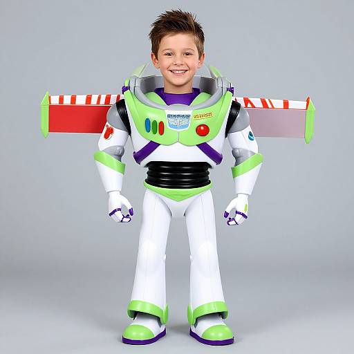 Photograph of a smiling young boy in a colorful, cartoon-style Buzz Lightyear astronaut suit, standing against a plain gray background.