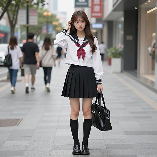 Asian Schoolgirl on a Busy Sidewalk