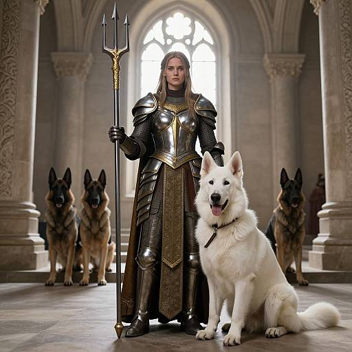Photograph of a armored woman with long blonde hair holding a trident, standing in a grand, stone cathedral with six German Shepherd dogs, a white