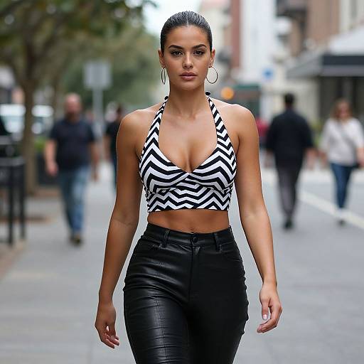 Photograph of a confident, fit woman with slicked-back hair, wearing a black-and-white zigzag halter top and black leather pants, walking