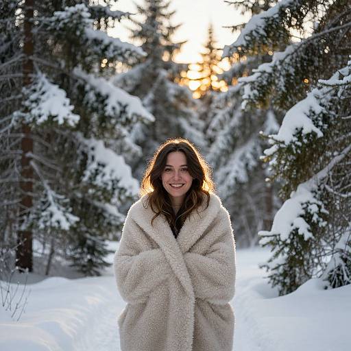 Photograph of a smiling woman with wavy brown hair, wearing a cream-colored, fluffy coat, standing in a snowy forest with snow-covered pine trees