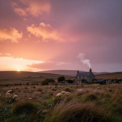 Photograph of a rural sunset landscape with a stone cottage emitting smoke, surrounded by grassy field, purple and orange sky.
