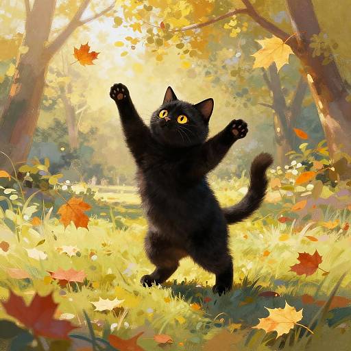 Playful Black Cat in Autumn Park