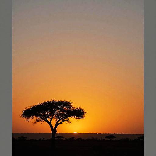 Photograph of a solitary acacia tree silhouetted against a vibrant orange and yellow sunset, with the sun low on the horizon.