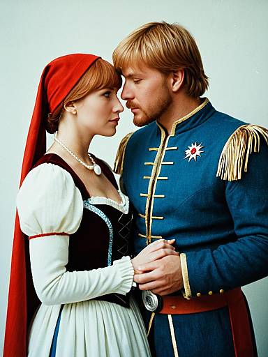 Couple in Princess and Soldier Costume Embracing