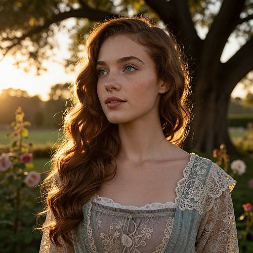 Photograph of a fair-skinned, blue-eyed woman with long, wavy brown hair, wearing a lace-trimmed, light blue dress,