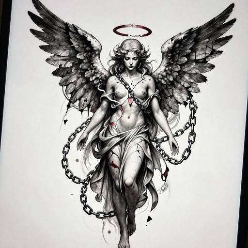 Black-and-white digital drawing of a winged, haloed angel with chains, flowing cloth, and blood-stained body, standing against a white background