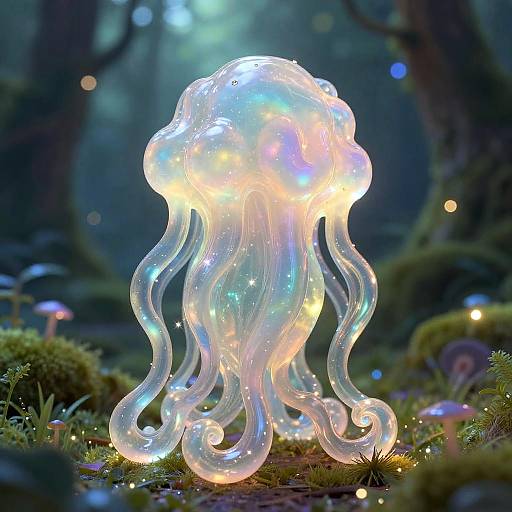 Glowing, translucent jellyfish sculpture with iridescent lights, set in a mystical forest with blurred mushrooms and soft blue-green lighting.