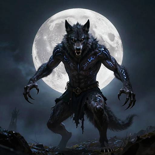 Digital artwork of a fierce, muscular werewolf with glowing blue patterns, bared teeth, and sharp claws, standing menacingly in front of a bright