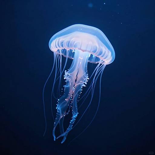 Photograph of a glowing, translucent blue jellyfish with long, flowing tentacles against a dark blue underwater background.