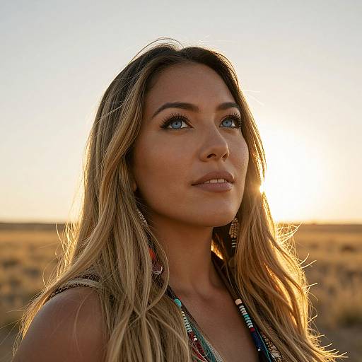 Photograph of a blonde woman with blue eyes, wearing a colorful necklace, standing in a sunlit desert at sunset.