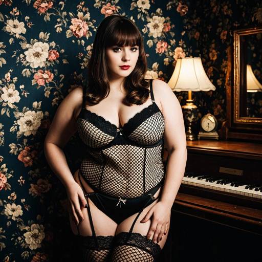 Full-Figured Woman in Fishnet Lingerie by Vintage Piano