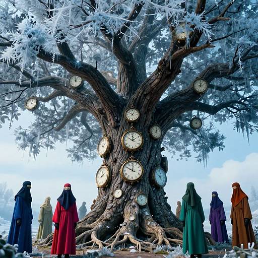 Photograph of a surreal scene featuring a large, ancient tree with clock faces on its branches, surrounded by seven people in colorful, hooded robes against