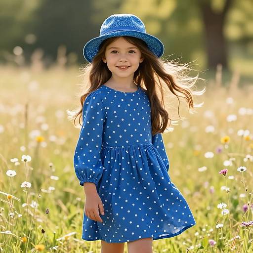 Joyful Girl in Blue Hat and Dress