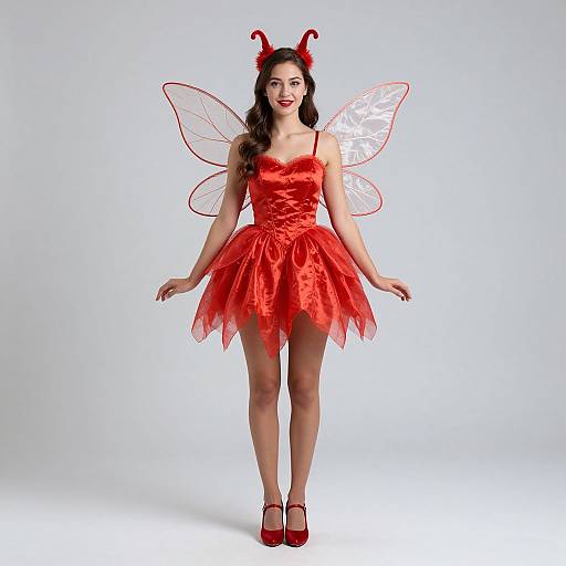 Photograph of a smiling woman in a red satin fairy costume with red wings, red horns, and red shoes, standing against a plain white background.