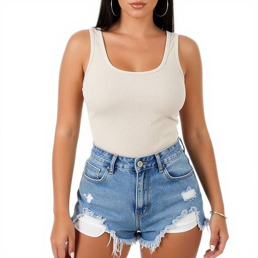Photograph of a tan-skinned woman with long black hair, wearing a white ribbed tank top and high-waisted, frayed denim shorts