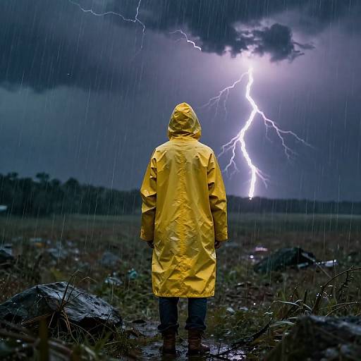Person in Yellow Raincoat Amid Storm