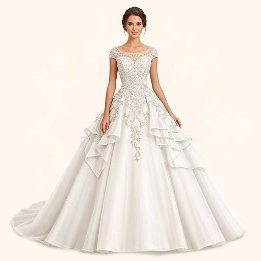 Photograph of a smiling woman in a white, lace-embellished, A-line wedding gown with short sleeves and layered tulle skirt, standing