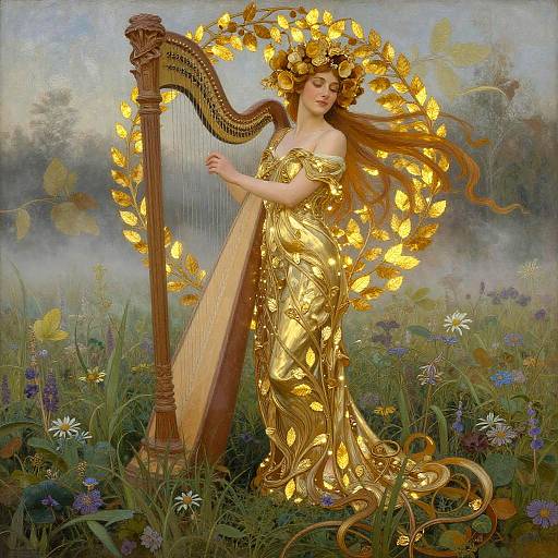 Woman in Gold Gown with Harp in Wildflower Meadow