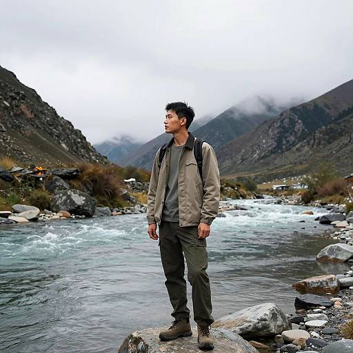 Man Exploring Rugged Mountain River