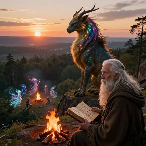 Elder wizard with white beard reads ancient book beside glowing fire, illuminated by sunset. Majestic, colorful dragon stands nearby, surrounded by ethereal blue