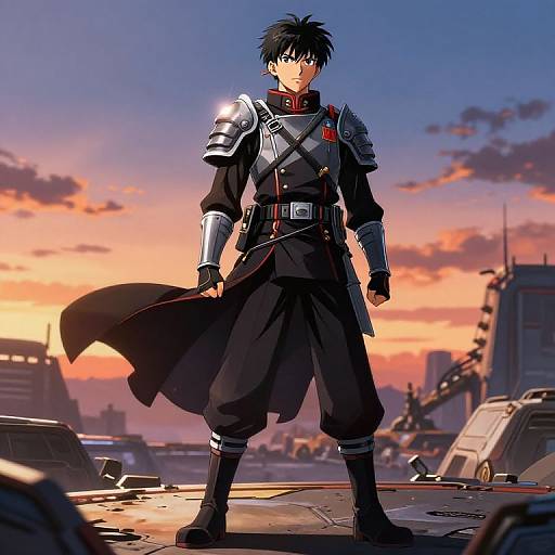 Anime-style digital illustration of a young, black-haired male warrior in silver armor and black cloak, standing confidently at sunset in a damaged urban battlefield.