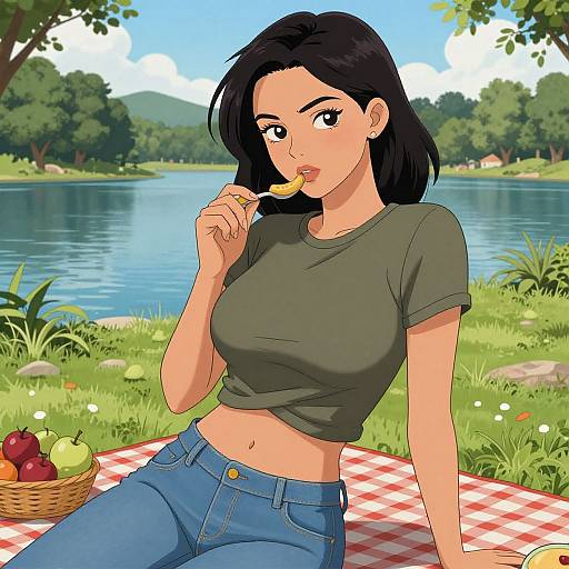 Digital anime-style drawing of a black-haired woman in a green cropped shirt and blue jeans, eating an apple by a lakeside picnic.