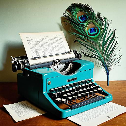 Surreal Typewriter with Peacock Feather