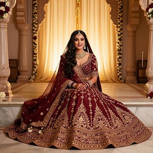 Photograph of a beautiful South Asian bride in a rich maroon and gold embroidered lehenga, seated on marble steps, with a golden, arch-shaped