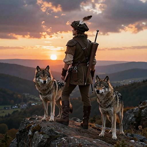 Photograph of a medieval warrior in brown attire with feathered hat, standing on rocky cliff, back to sunset, flanked by two wolves.