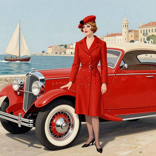 Vintage-style photograph of a red-haired woman in a red coat and hat, standing beside a classic red convertible car by the sea, with a sailboat