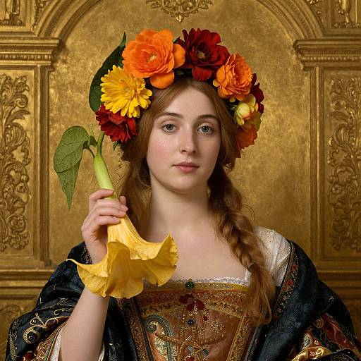Photograph of a fair-skinned young woman with auburn hair, wearing a vibrant flower crown, ornate gold-patterned dress, and holding