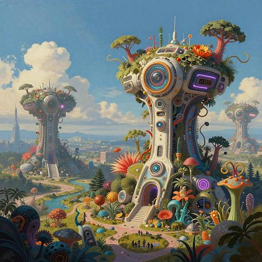 Vibrant, surreal digital illustration of futuristic, organic city towers adorned with colorful plants and glowing lights, set in a lush, fantastical landscape under