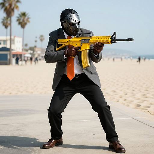 Photograph: Black man in suit, orange tie, black mask, holding yellow assault rifle, standing on beach with palm trees in background.