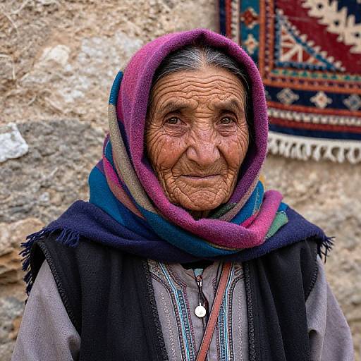 Photograph of an elderly woman with wrinkled face, dark brown skin, wearing a colorful headscarf, black vest, and patterned shirt,