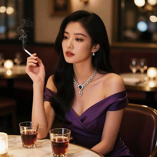 Photograph of an Asian woman with long black hair, wearing an off-shoulder purple dress, smoking a cigarette, and drinking whiskey in a dim