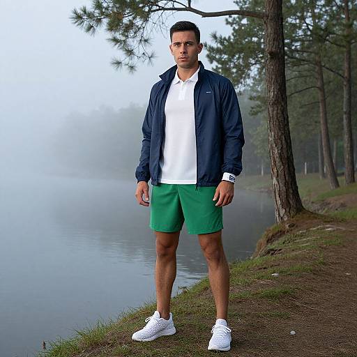 Photograph of a fit, dark-haired man in a navy jacket, white shirt, green shorts, and white sneakers standing by a misty lakeside