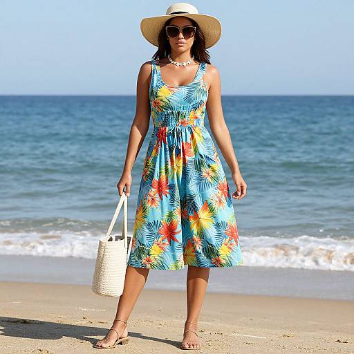Photograph of a woman in a colorful floral sundress, wide-brimmed hat, sunglasses, and sandals, holding a wicker beach bag,