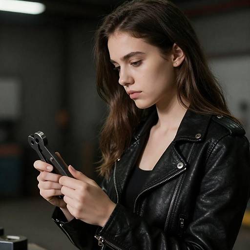 Young Woman Inspecting Tool in Leather Jacket