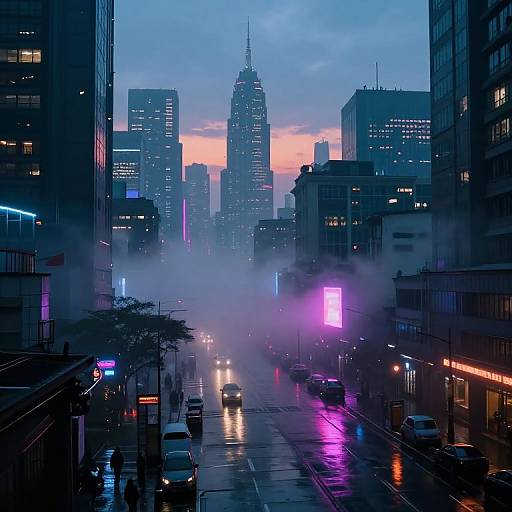 Photograph of a neon-lit, foggy city street at dusk, featuring skyscrapers, glowing signs, and reflections on wet pavement.