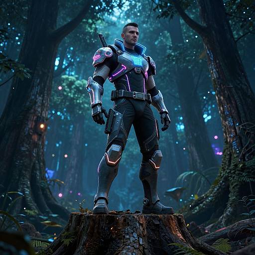 CGI image of a muscular, armored soldier with glowing neon accents standing on a tree stump in a mystical, blue-lit forest.