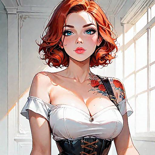Redhead Woman with Tattoo in Vintage Corset