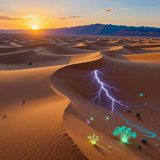 Vivid photograph of a desert sunset with orange sky, sun low on horizon, lightning striking a glowing, bioluminescent plant in sand dunes